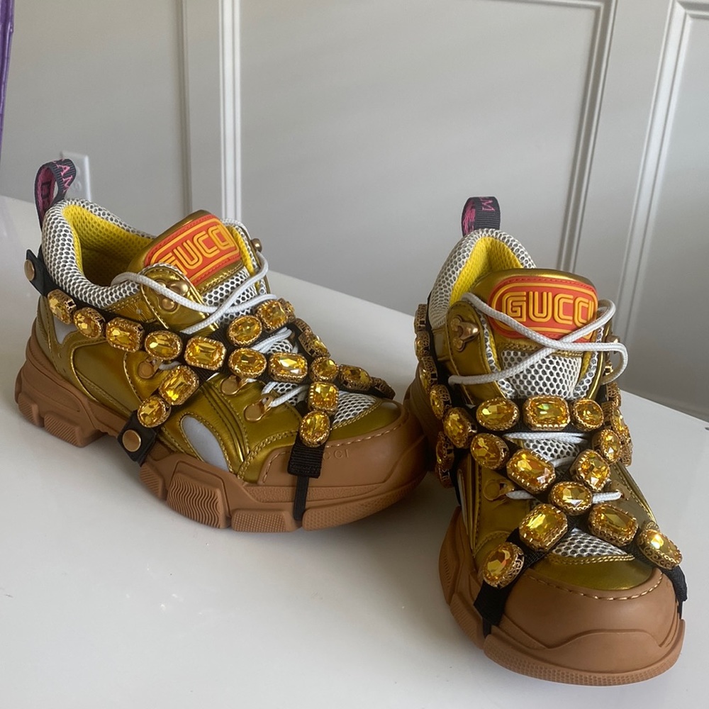Gucci Gold and Beige Mesh Flashtrek Sneakers